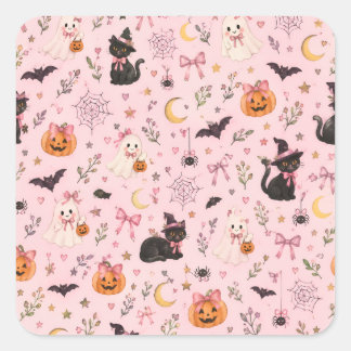 Coquette Rosa Halloween Spöke Svart Katt Pumpa Fyrkantigt Klistermärke