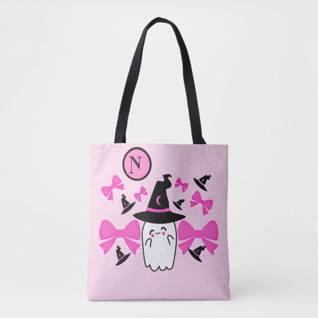 Coquette Rosa Halloween Witchy Ghost Monogram Tygkasse (Framsida)