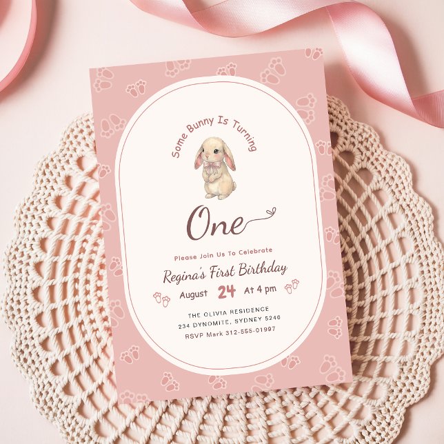Coquette Rosa Kanin Söt Rabbits 1-årsdag Inbjudningar (Skapare uppladdad)