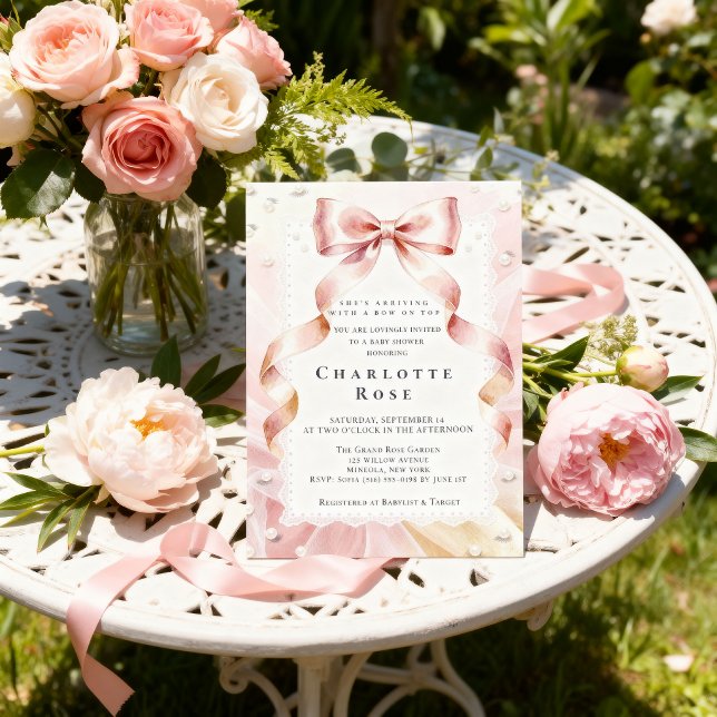 Coquette Rosa Slinga Röda Rosa Band Baby Shower Inbjudningar (Skapare uppladdad)