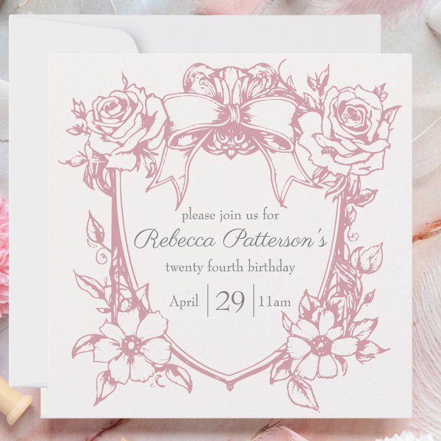 Coquette Rosa Söt Feminina Bow Ram Party Inbjudningar (feminine pink coquette birthday  party invitation pink bow floral frame victorian tea party cute)
