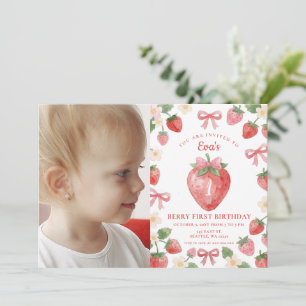 Coquette Rosa Strut Strawberry Första Födelsedags Inbjudningar