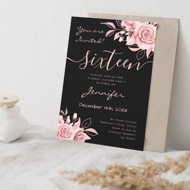 Coquette  Rosa Sweet 16 Blommigt Black Inbjudningar (Coquette Blush Pink Sweet 16 Floral Black Invitation)
