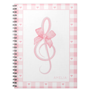 Coquette Rosa Treble Clef Bow Gingham Mönster Anteckningsbok