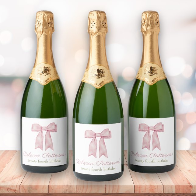 Coquette Rosa Vattenfärg Bow Feminina Födelsedagsf (coquette aesthetic pink bow party champagne sparkling wine label birthday party decor tea party cute)