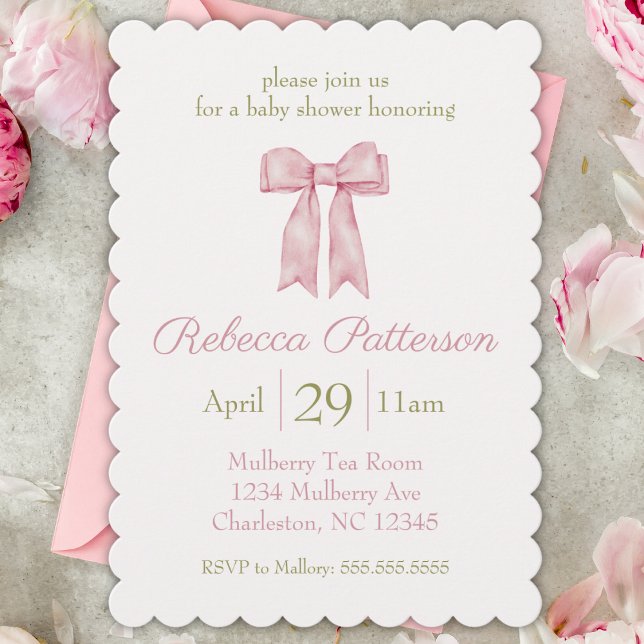 Coquette Rosa Watercolor Bow Feminine Baby Shower Inbjudningar (coquette aesthetic baby shower invitation cute pink tea party bow girly feminine sweet invite for he)