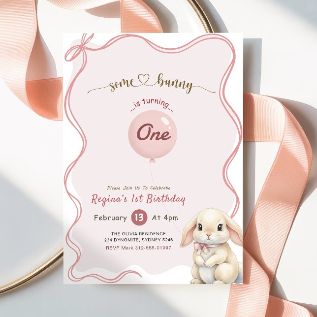 Coquette rosett Rosa Kanin 1-års födelsedag Inbjudningar (Skapare uppladdad)