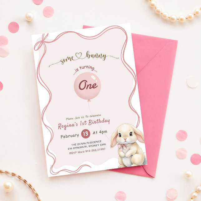 Coquette rosett Rosa Kanin 1-års födelsedag Inbjudningar (Skapare uppladdad)