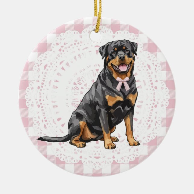 Coquette Rottweiler Hund Rosa Ginghamslingor Julgransprydnad Keramik (Framsidan)
