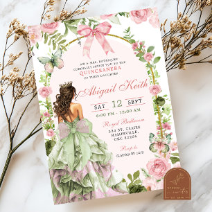 Coquette Royal Garden Sage Rosa Quinceanera Inbjudningar