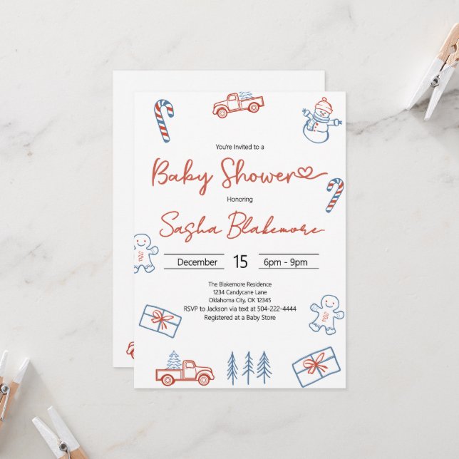 Coquette Rustic Red & Blue Baby Shower Inbjudningar (Fram/Back In Situ)