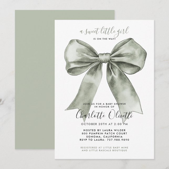 Coquette Sage Bow Baby Shower  Inbjudningar (Fram/baksida)