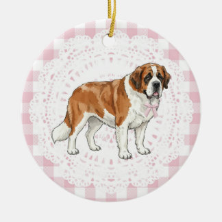Coquette Saint Bernard Dog Pink Gingham Bows Julgransprydnad Keramik