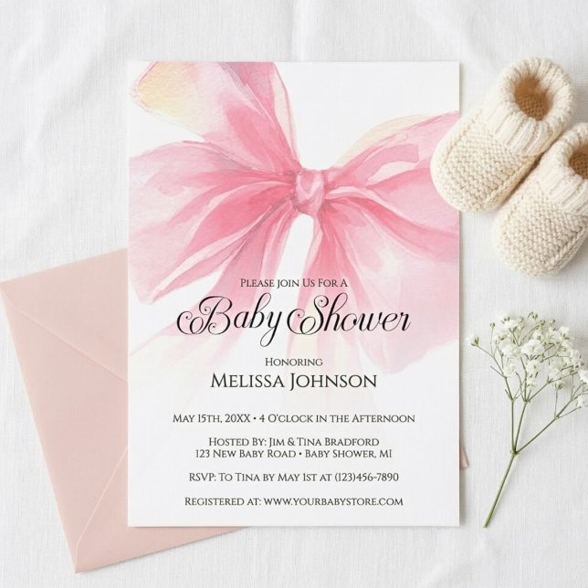 Coquette Script Pink Bow Girl Baby Shower Inbjudningar (Coquette Pink Bow Baby Shower Invitation)