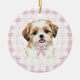 Coquette Shih Tzu Hund Rosa Ginghamslingor Julgransprydnad Keramik