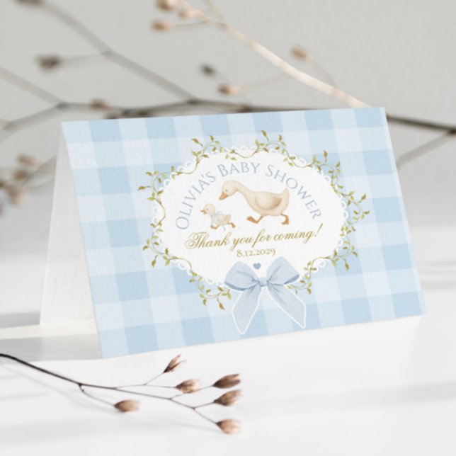 Coquette Silly Goose Blue Gingham Baby Shower Tack Kort (Skapare uppladdad)