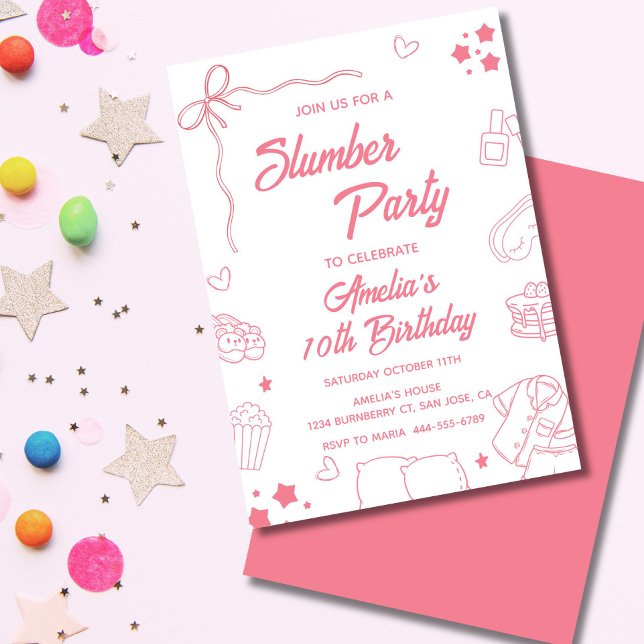 Coquette Slumber Party Invitation for Girls Inbjudningar (Pink coquette kids pajama party invite with bows, pastel details, and cute girly sleepover icons.)