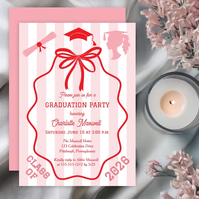 Coquette-smycke | Rosa ränder examensfest Inbjudningar (Pink Striped Graduation Party Invitation with Coquette Red Bow, Cap, and Diploma Icons Print Digital)