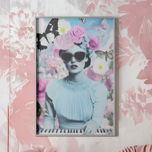 Coquette Stil Rosa och Blue Retro Pop Art Collage Poster