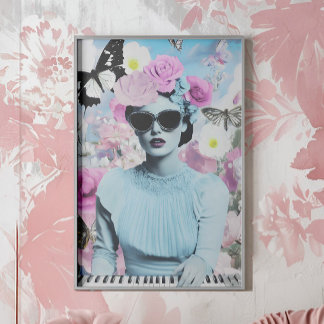 Coquette Stil Rosa och Blue Retro Pop Art Collage Poster
