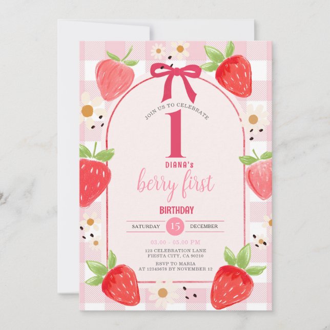 Coquette Strawberry 1st Birthday Party Invite Inbjudningar (Framsida)