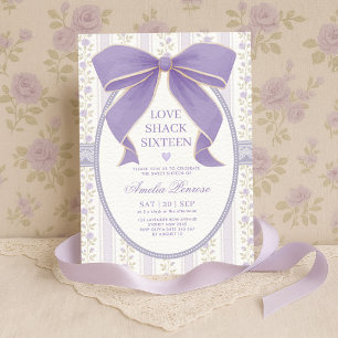 Coquette Sweet 16 Lila Bow Blommigt Birthday Inbjudningar