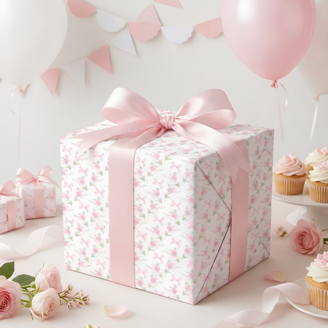 Coquette Toile De Jouy Rosa Båge Presentpapper (Coquette Toile De Jouy Pink Bow Wrapping Paper)