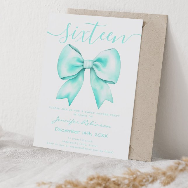 Coquette Turcos Teal Bow Sweet 16 Birthday Inbjudningar (Coquette Turquoise Teal Bow Sweet 16 Birthday Invitation)