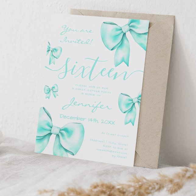 Coquette Turcos Teal Bow Sweet 16 Party Inbjudningar (Coquette Turquoise Teal Bow Sweet 16 Party Invitation)