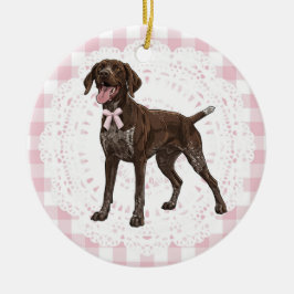 Coquette tysk korthårig hund rosa ginghamslingor julgransprydnad keramik