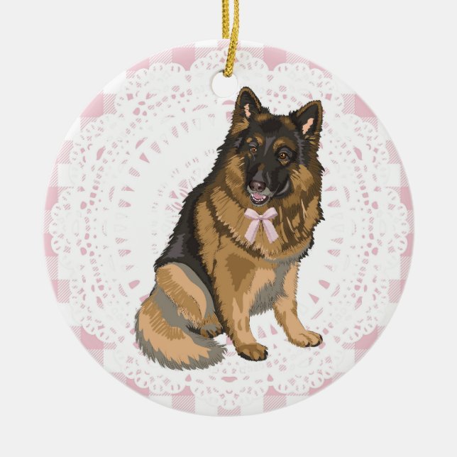 Coquette tysk schäferhund rosa ginghamsnoddar julgransprydnad keramik (Framsidan)