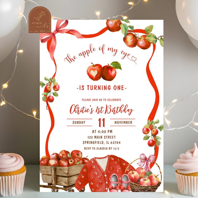 Coquette Vågig Båge Äpple 1-årsdag Inbjudningar (Skapare uppladdad)