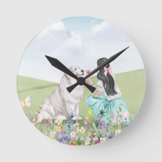 Coquette Vår Girl and Hund Aesthetic Wall Clock Rund Klocka