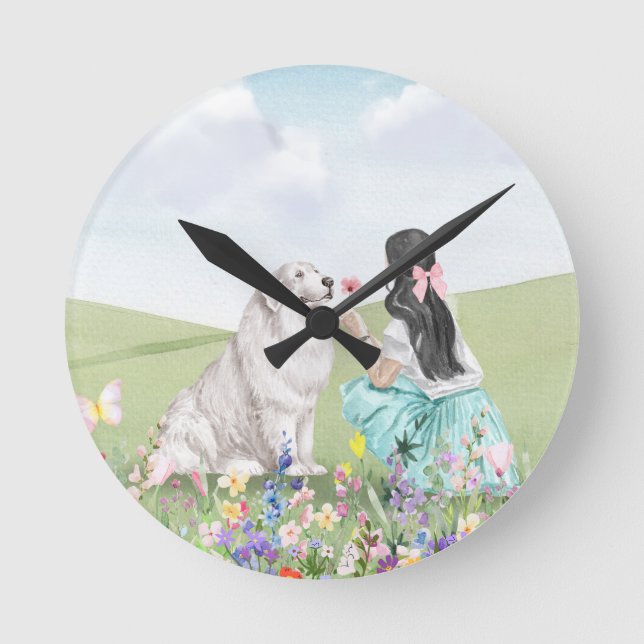 Coquette Vår Girl and Hund Aesthetic Wall Clock Rund Klocka (Framsida)