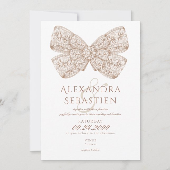 Coquette Vintage Diamonds Bow Mocha Mousse Bröllop Inbjudningar (Framsida)