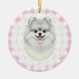 Coquette Vit Pomeranian Hund Rosa Gingham-sjalmar Julgransprydnad Keramik