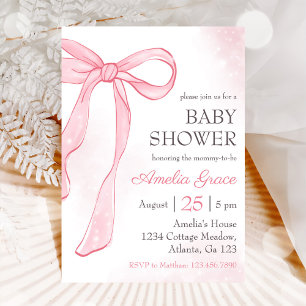 Coquette Watercolor Rosa Cute Bow Baby Shower Inbjudningar