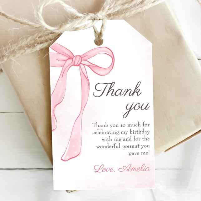 Coquette Watercolor Rosa Cute Bow Birthday Presentetikett (Skapare uppladdad)