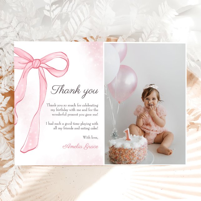 Coquette Watercolor Rosa Cute Bow Birthday Tack Kort (Skapare uppladdad)