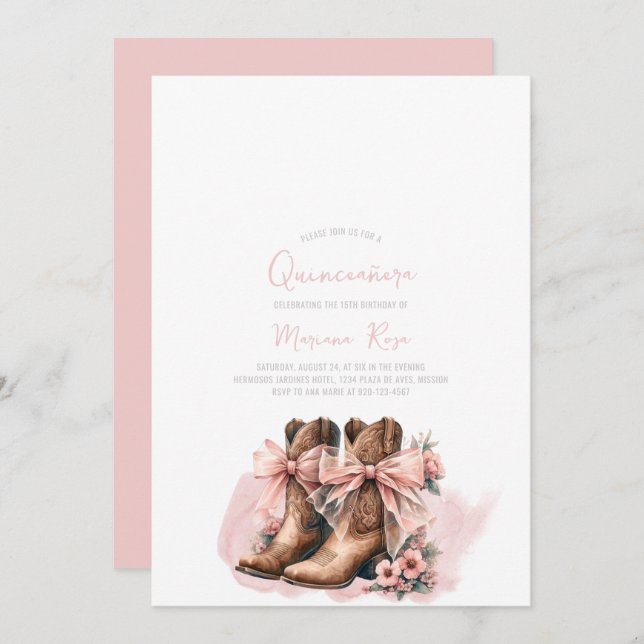 Coquette Western Boots Quinceanera Birthday Inbjudningar (Fram/baksida)