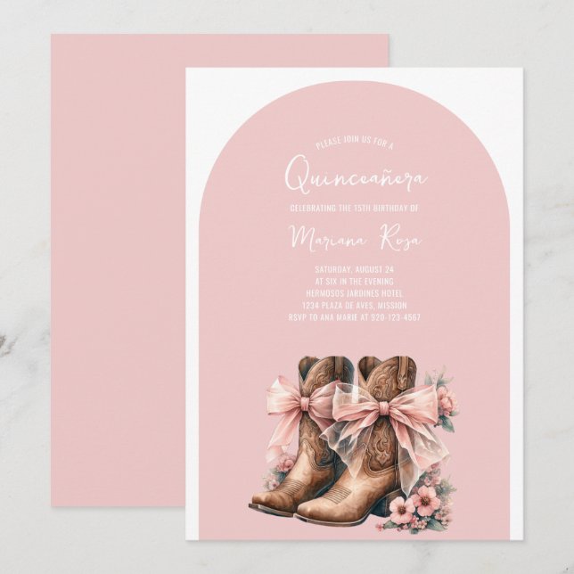 Coquette Western Boots Quinceanera Birthday Inbjudningar (Fram/baksida)