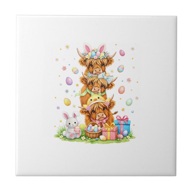 Coquette Western Highland Cow Easter Eggs Cute Bun Kakelplatta (Framsidan)