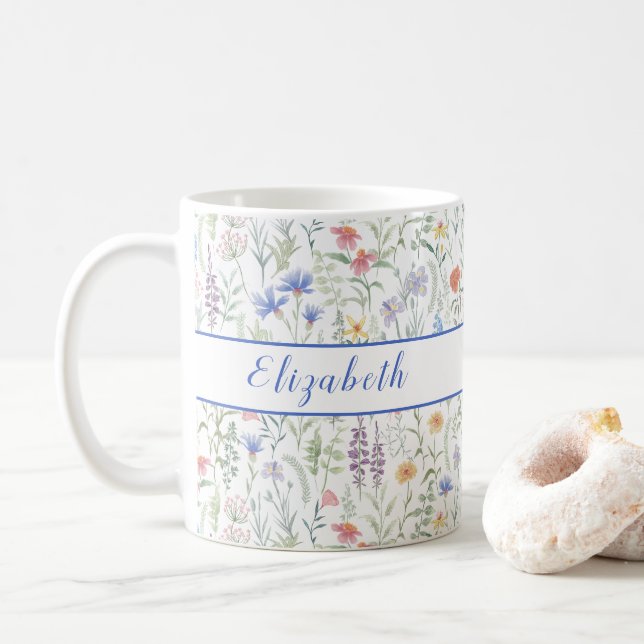 Coquette Wildflower Meadow Personlig Blå Kaffemugg (Med munk)