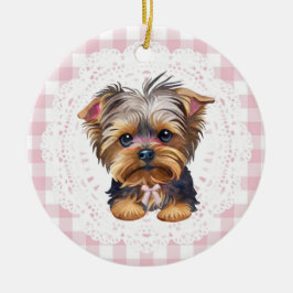 Coquette Yorkshire Terrier Dog Pink Gingham Bows Julgransprydnad Keramik
