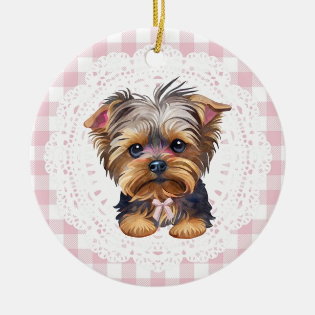 Coquette Yorkshire Terrier Dog Pink Gingham Bows Julgransprydnad Keramik (Framsidan)