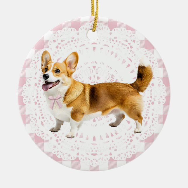CoquettePembroke Welsh Corgi Hund Rosa Ginghamslin Julgransprydnad Keramik (Framsidan)