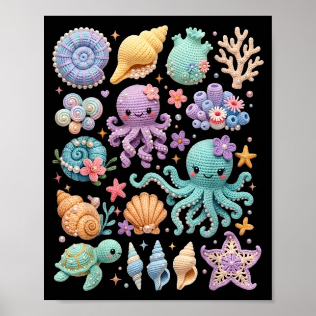 Coquettes havsliv Kawaii maneter bläckfisk strand Poster (Framsidan)