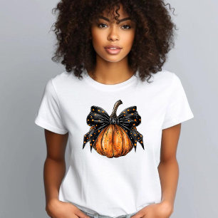 Coquettish Halloween Pumpkin Stars Black Bow T Shirt