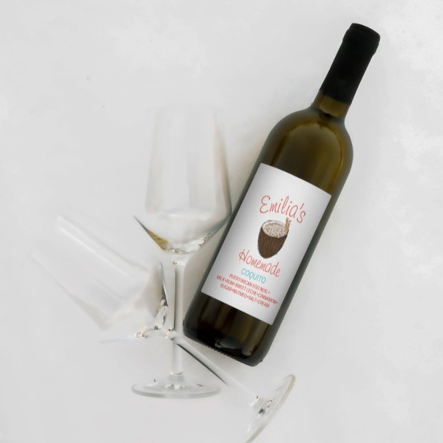 Coquito Recept Dryck Kokos Handritad Skal  Vinflaska Etikett (Skapare uppladdad)