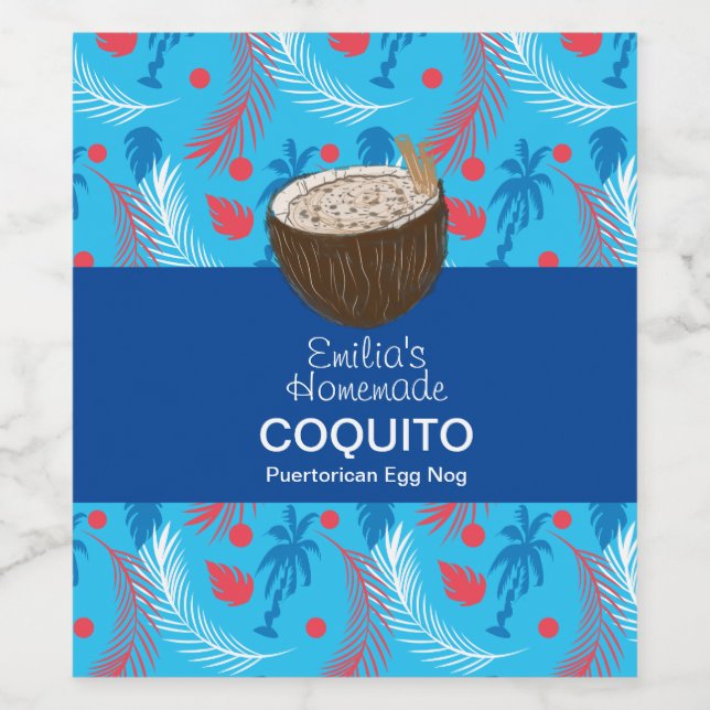 Coquito Recept Dryck Palmträd Egg Nog Blå Vinflaska Etikett (Singel etikett)